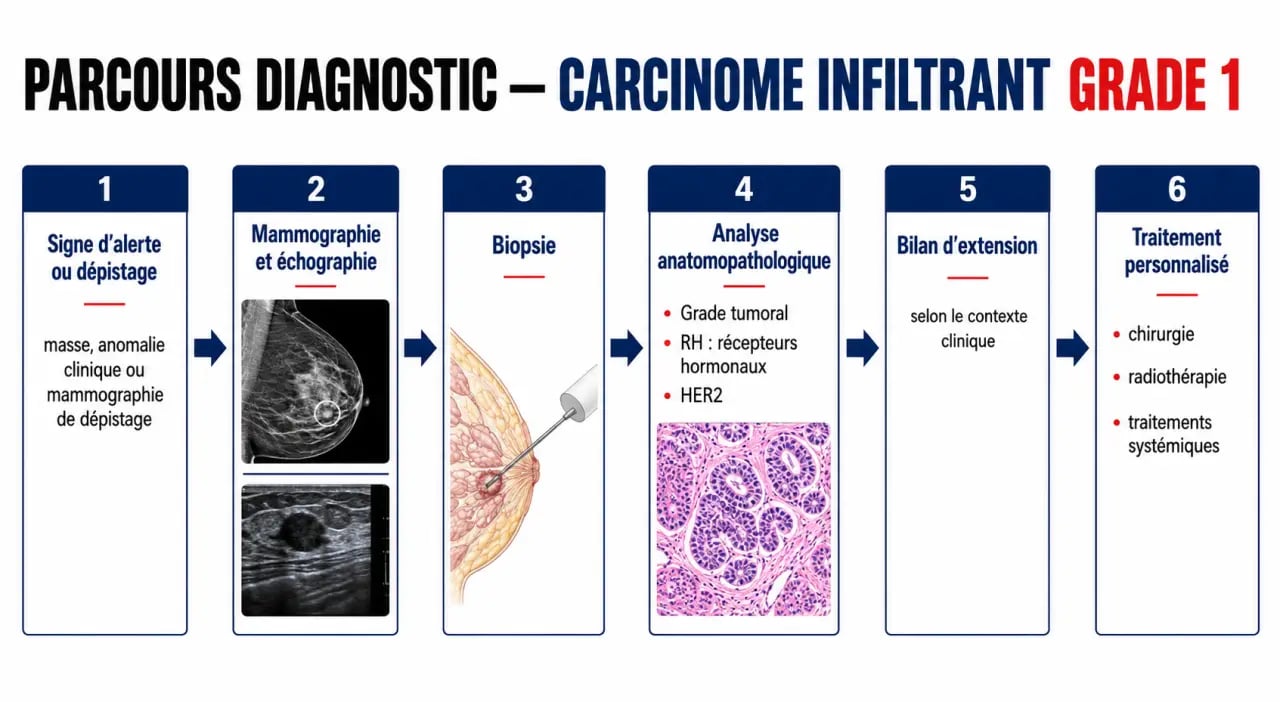 Parcours diagnostic du carcinome infiltrant grade 1 du dépistage au traitement