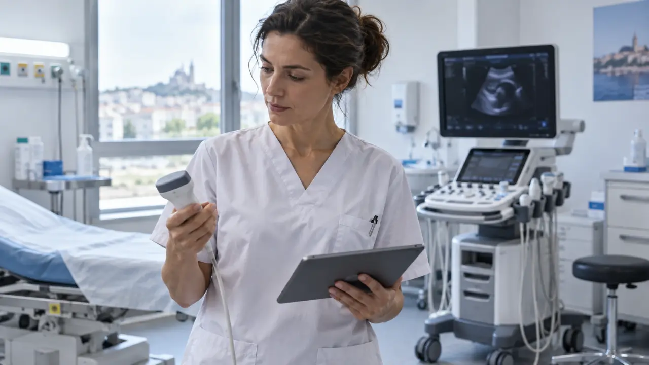 Échographe portable utilisé au lit d'un patient