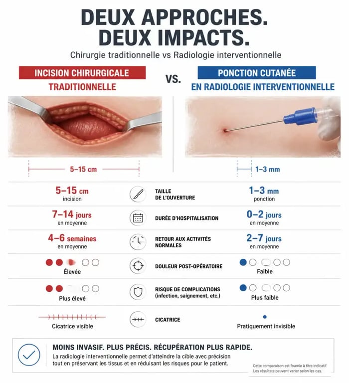 Comparaison visuelle entre chirurgie traditionnelle et radiologie interventionnelle pour le traitement de pathologies