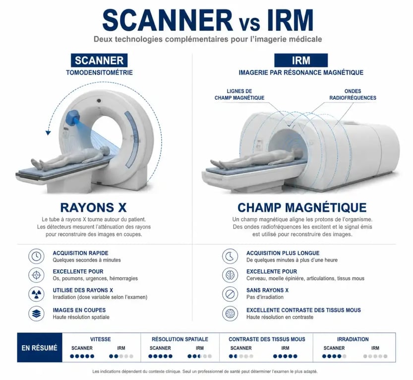 Différence entre scanner et IRM illustrée par un schéma comparatif des deux technologies d'imagerie médicale