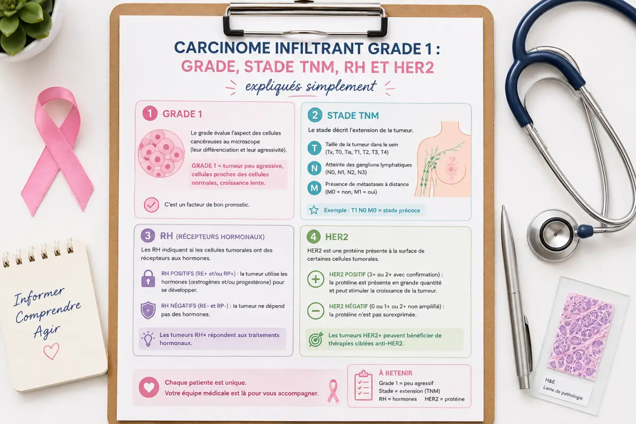 Carcinome infiltrant grade 1 : grade, stade TNM, RH et HER2 expliqués simplement
