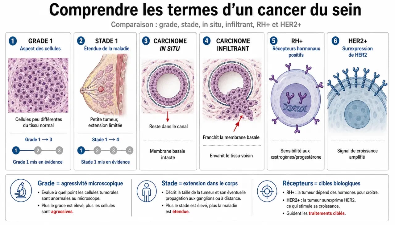 Comparatif du carcinome infiltrant grade 1 entre grade, stade, in situ, infiltrant, RH et HER2