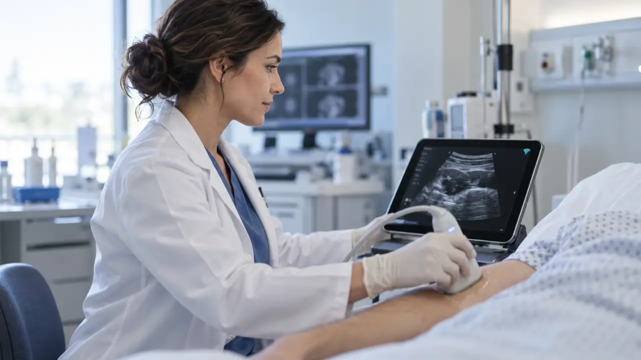 Échographie portable connectée utilisée au chevet d'un patient