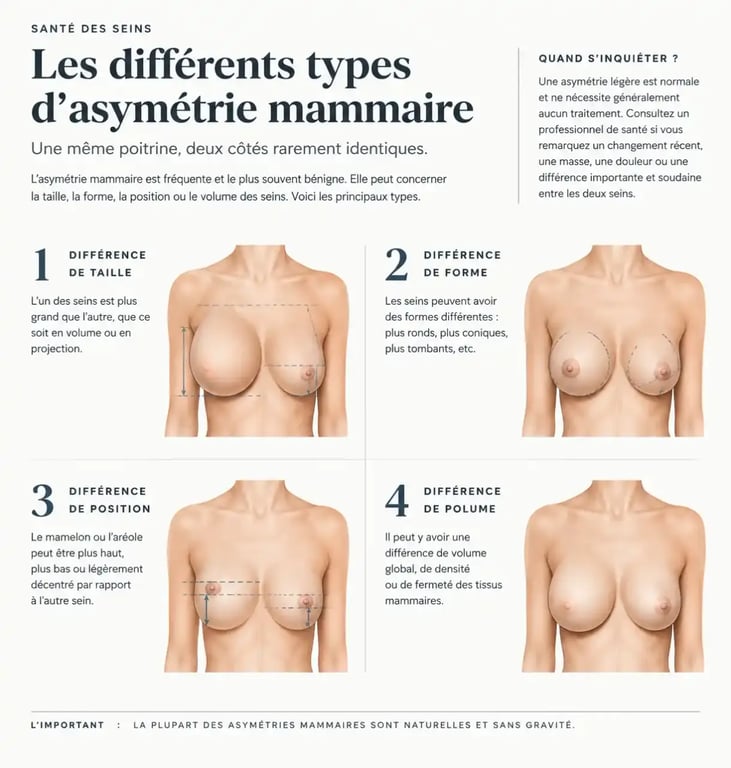 Schéma illustrant les différents types d'asymétrie mammaire pour mieux comprendre la morphologie