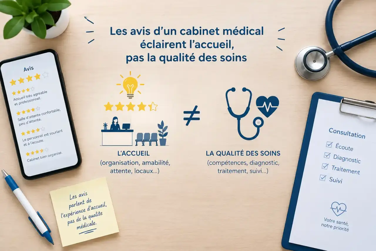 Les avis d’un cabinet médical éclairent l’accueil, pas la qualité des soins