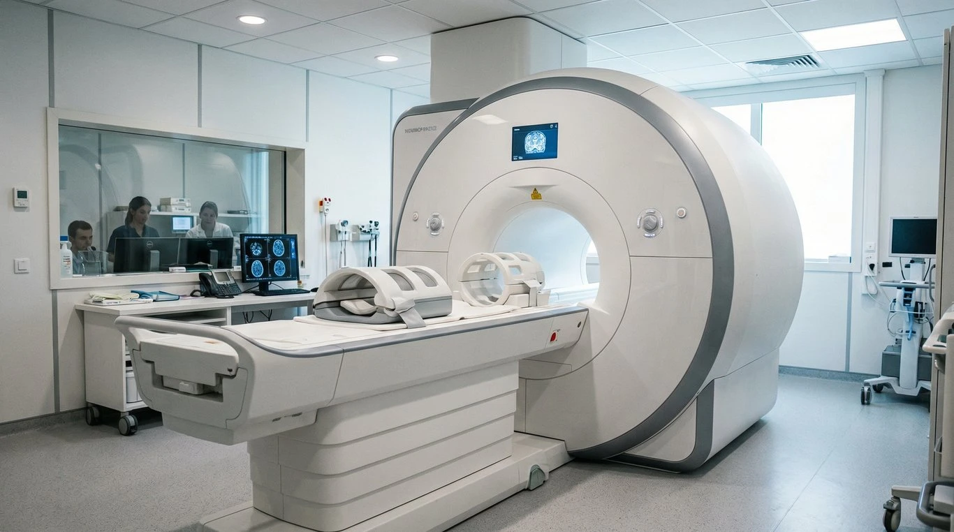 Médecin regardant un écran CRT avec imagerie cérébrale