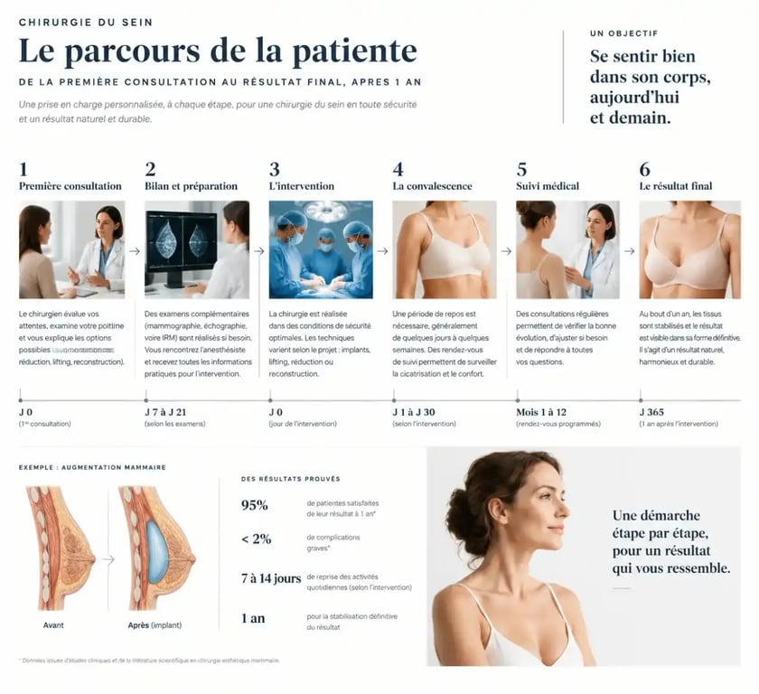 Timeline du parcours patient pour une chirurgie de l'asymétrie mammaire