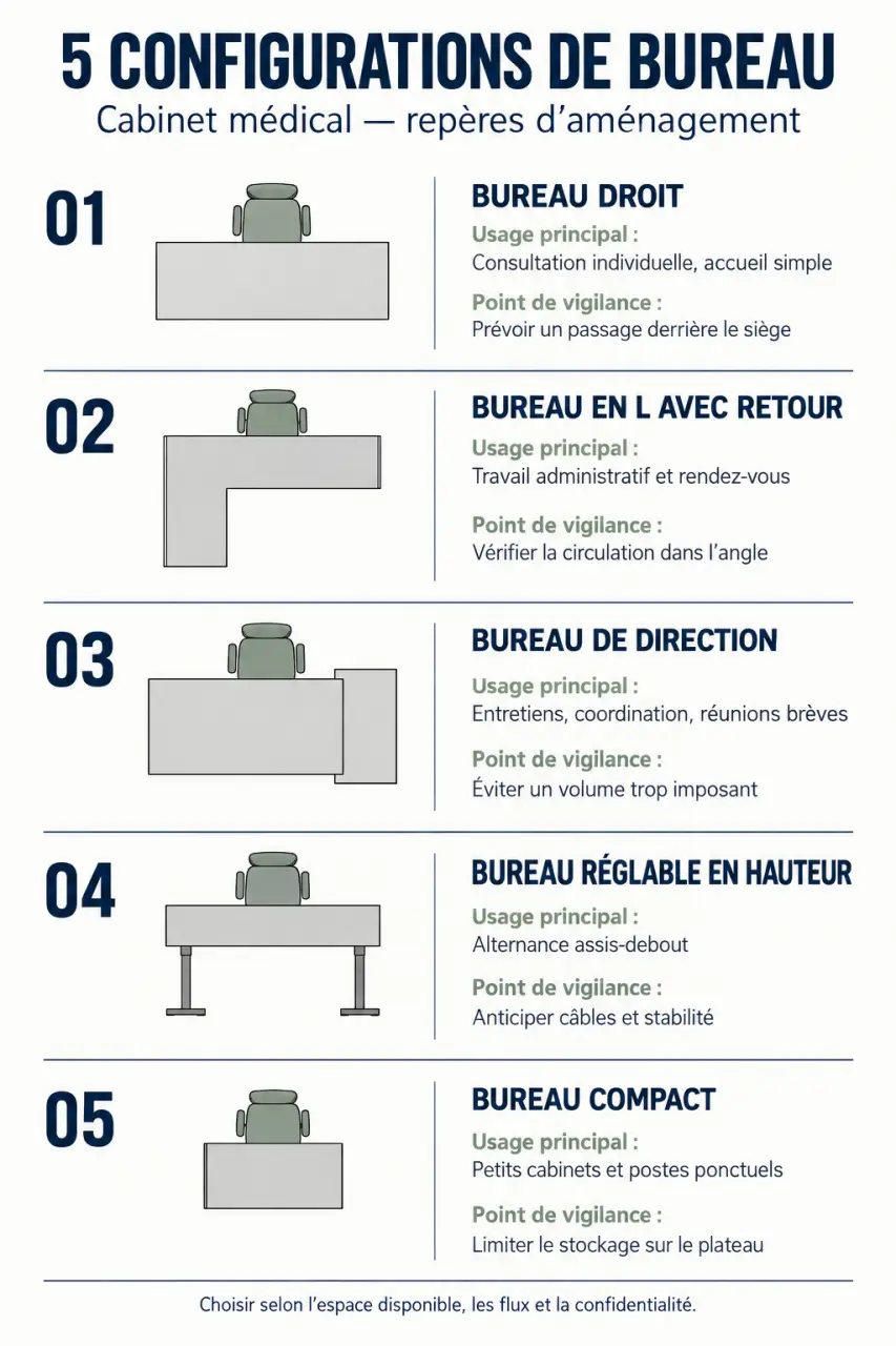 Configurations de bureau pour cabinet médical selon l’espace et l’usage