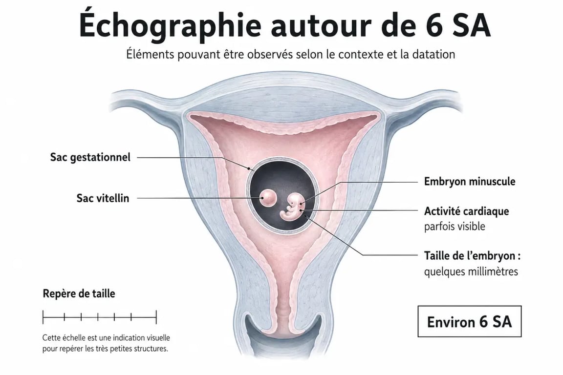 Écho 6 SA : schéma des structures visibles à l’échographie autour de 6 semaines d’aménorrhée