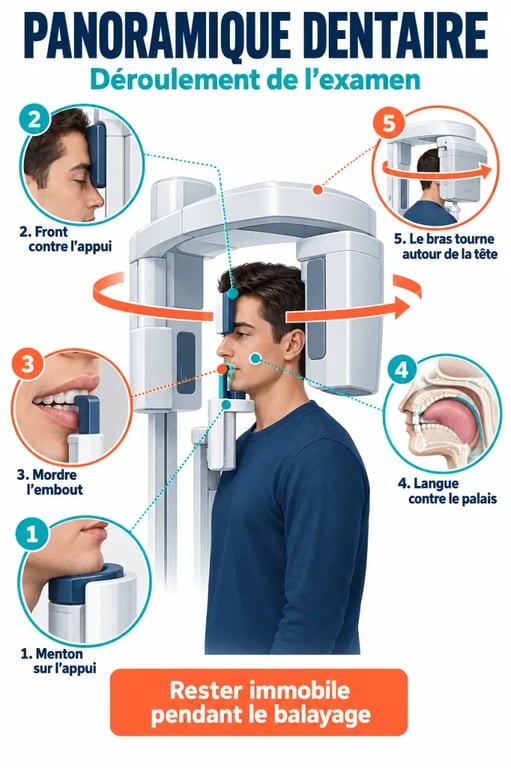 Schéma du déroulement d'une panoramique dentaire avec positionnement du patient et rotation de l'appareil