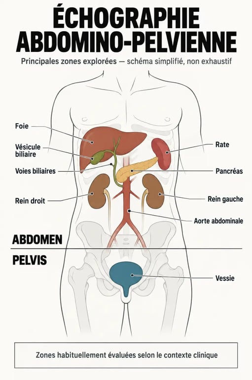 Schéma des organes explorés par une écho abdo et une échographie abdomino-pelvienne