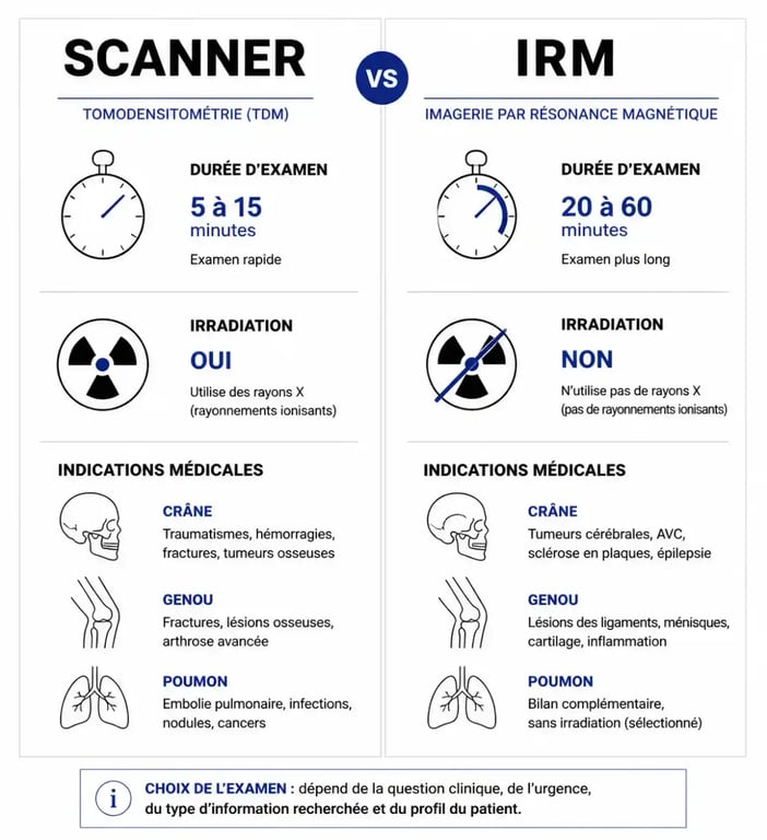 Tableau comparatif scanner vs IRM : durée, irradiation et indications médicales