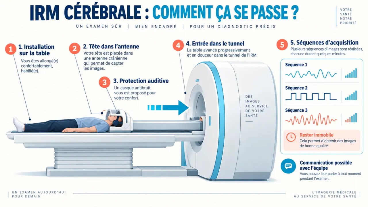 Schéma du déroulement d’une IRM cérébrale avec installation, tunnel et protection auditive