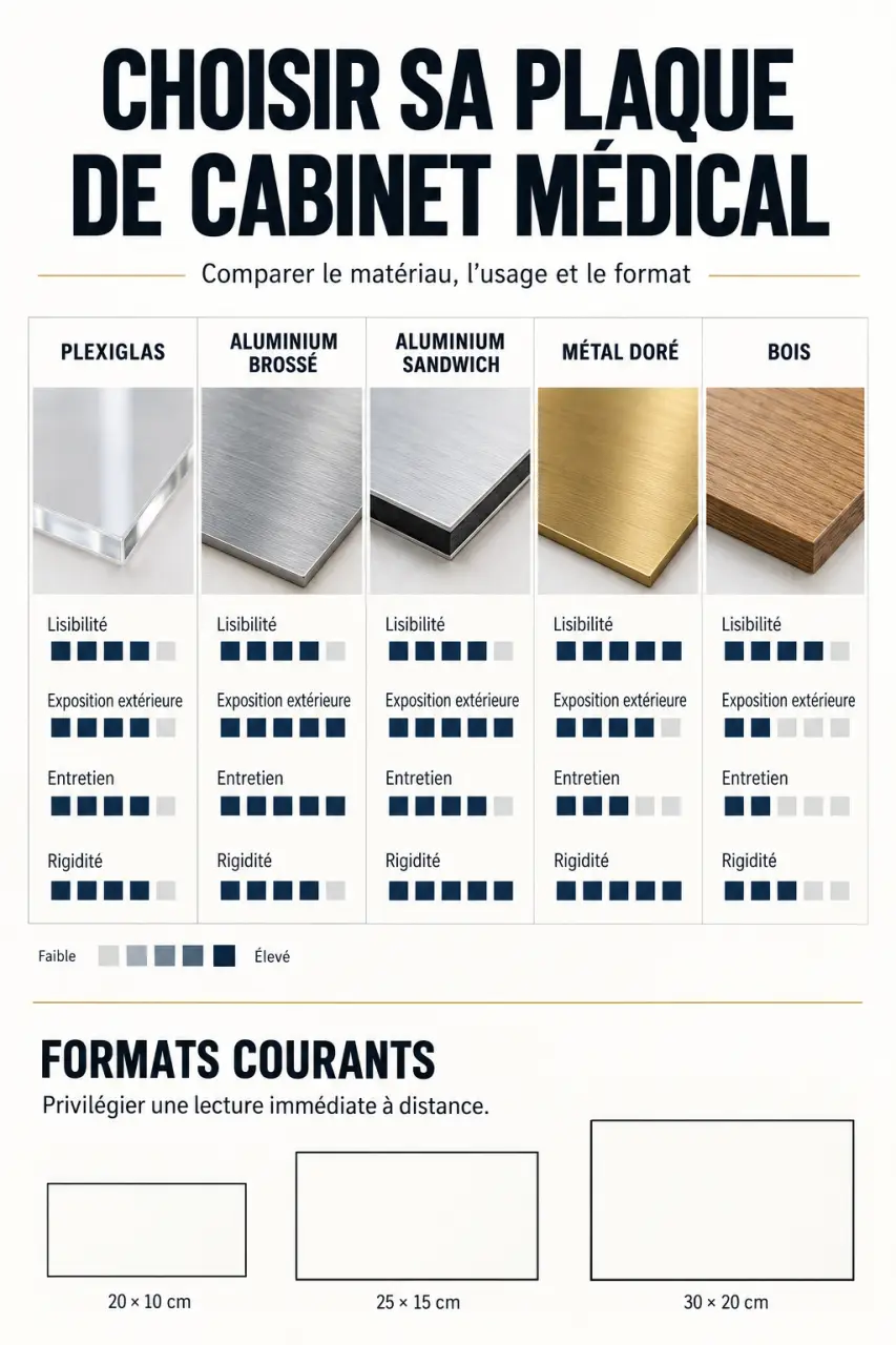 Infographie sur le choix d’une plaque de cabinet médical selon le matériau, le format et l’exposition