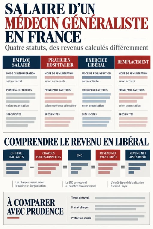Infographie comparative du salaire d’un médecin généraliste selon le statut, les charges et le revenu net