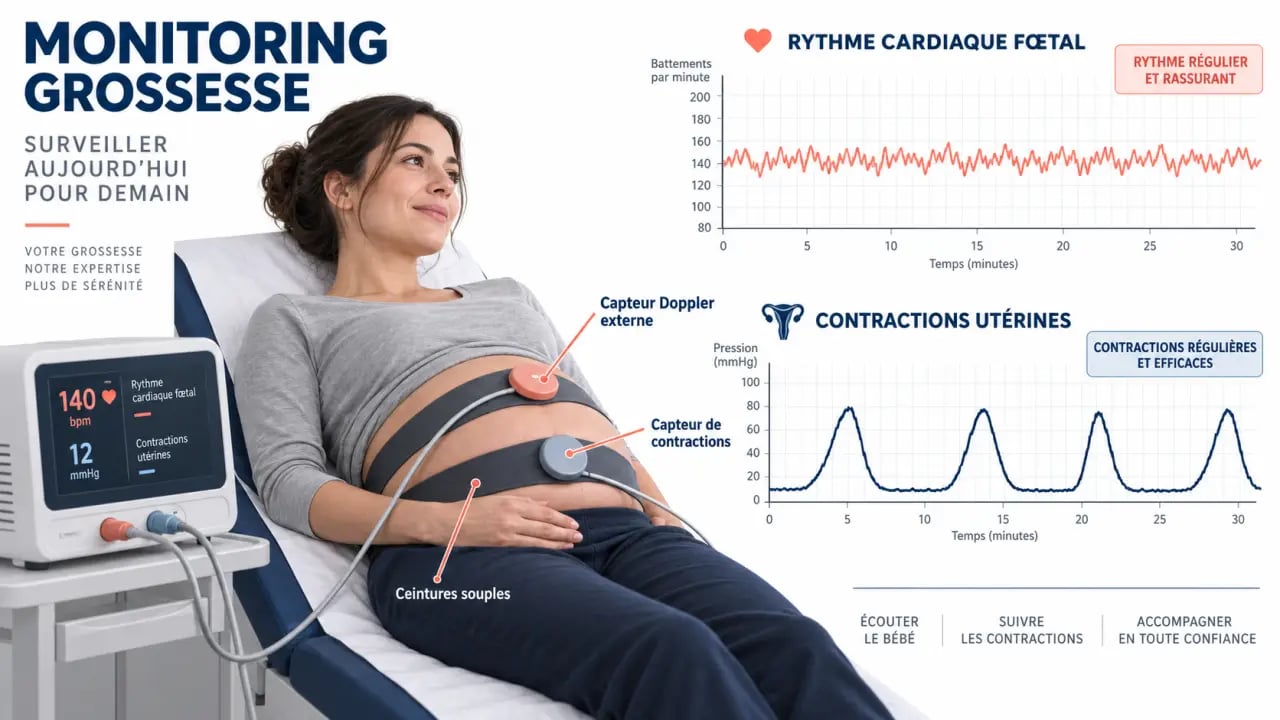 Schéma du monitoring grossesse avec capteurs, rythme cardiaque fœtal et contractions